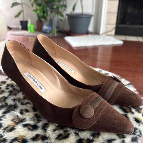 Manolo Blahnik Shoes - Manolo Blahnik Dark Brown Suede Kitten Heel Pumps